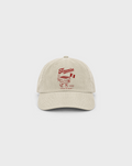 Tiramisu Cord Cap in Stone, front view with burgundy dessert character print and Slices to Enjoy lettering