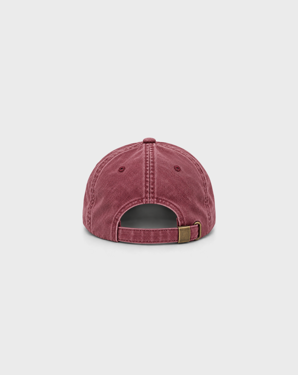 Tiramisu Vintage Dad Cap in Washed Burgundy, unprinted back view showing adjustable strap and metal buckle