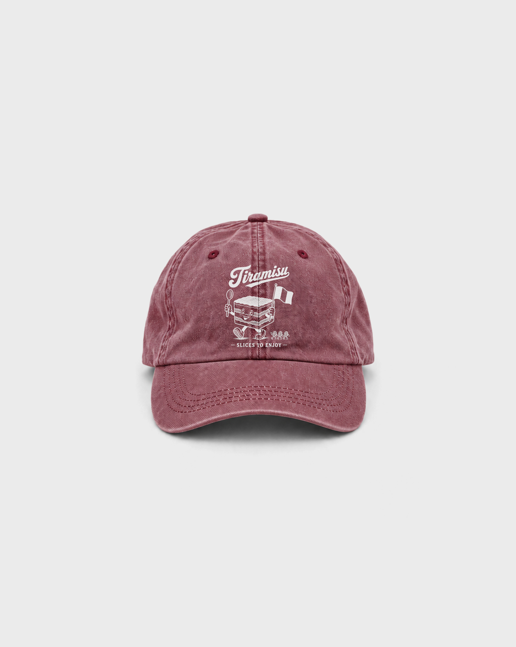 Tiramisu Vintage Dad Cap in Washed Burgundy, front view with white dessert character, Italian flag, coffee beans and Slices to Enjoy lettering