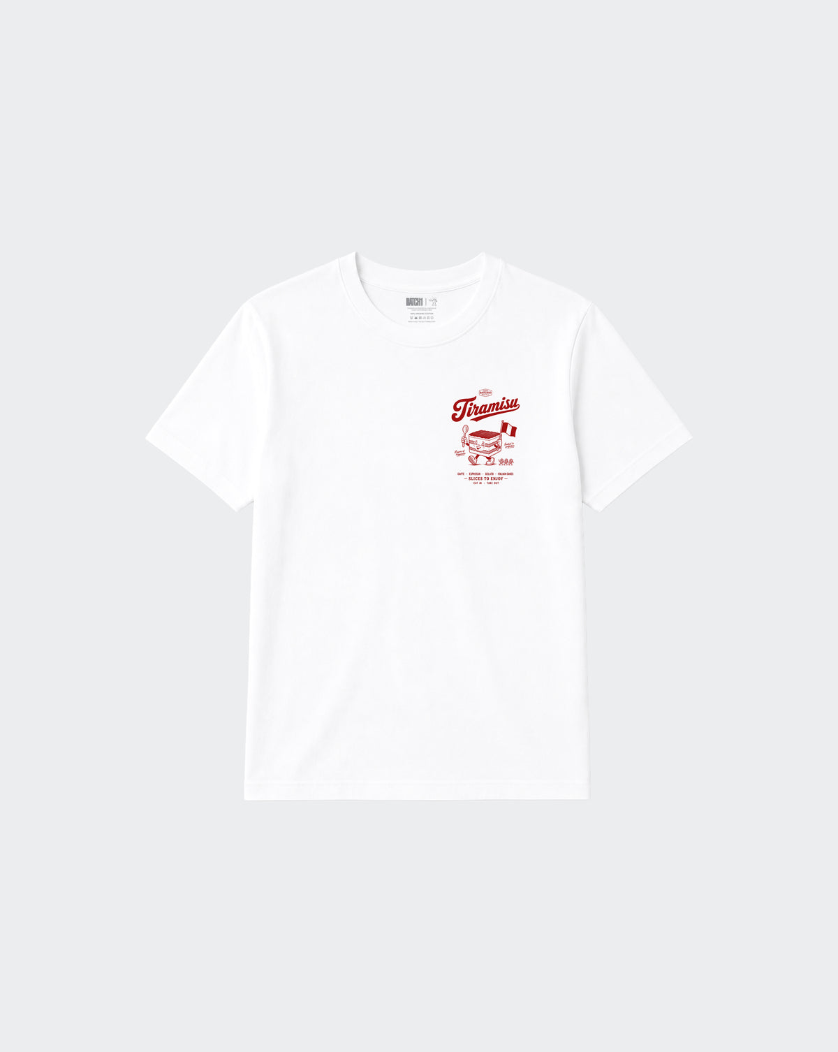 White Tiramisu unisex T-shirt with red dessert graphic on the left chest, front view