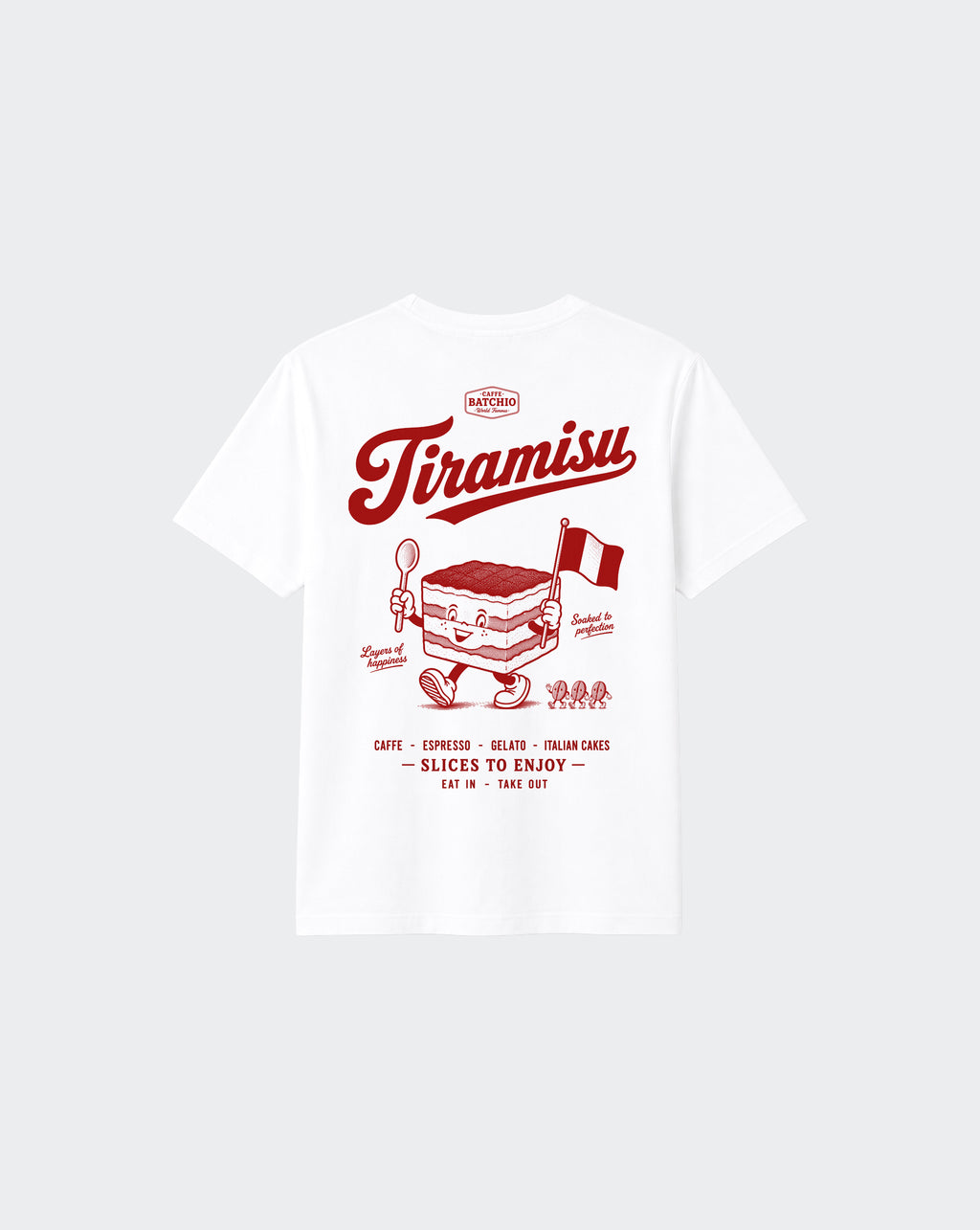 White Tiramisu unisex T-shirt, back view with large red Italian dessert graphic