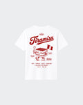 White Tiramisu unisex T-shirt, back view with large red Italian dessert graphic