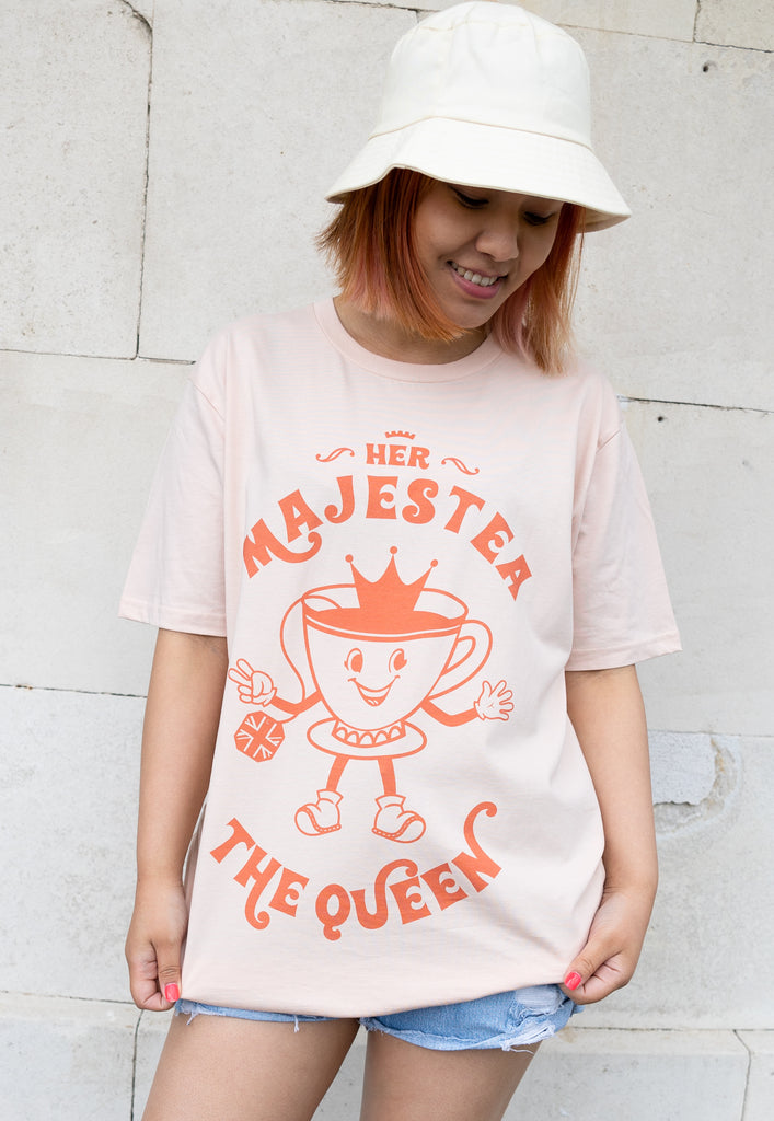Model wears teacup character slogan tshirt