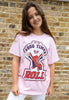 graphic printed tee with roller disco graphics and positive slogan