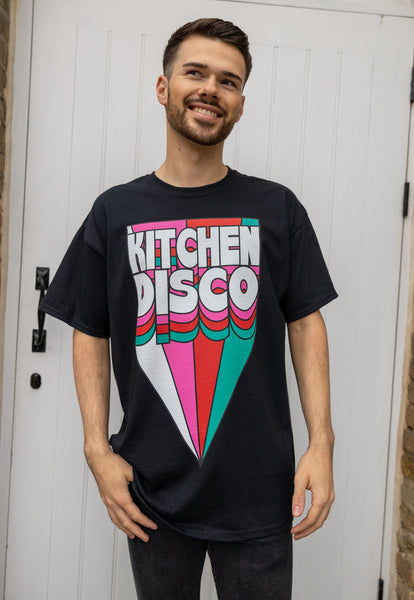 male model wears black t shirt with retro kitchen disco print