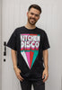 model wears relaxed fit short sleeved t shirt in black with 70s kitchen disco print