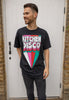 male model is wearing black t shirt with colourful kitchen disco slogan