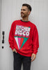 mens sweater with kitchen disco slogan and colourful retro graphics