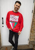 mens red disco slogan sweater in retro 70s style