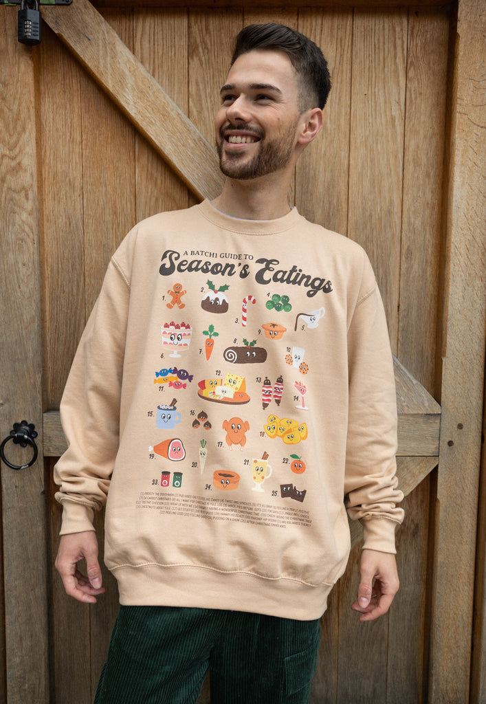 mens christmas jumper in natural with christmas food graphics