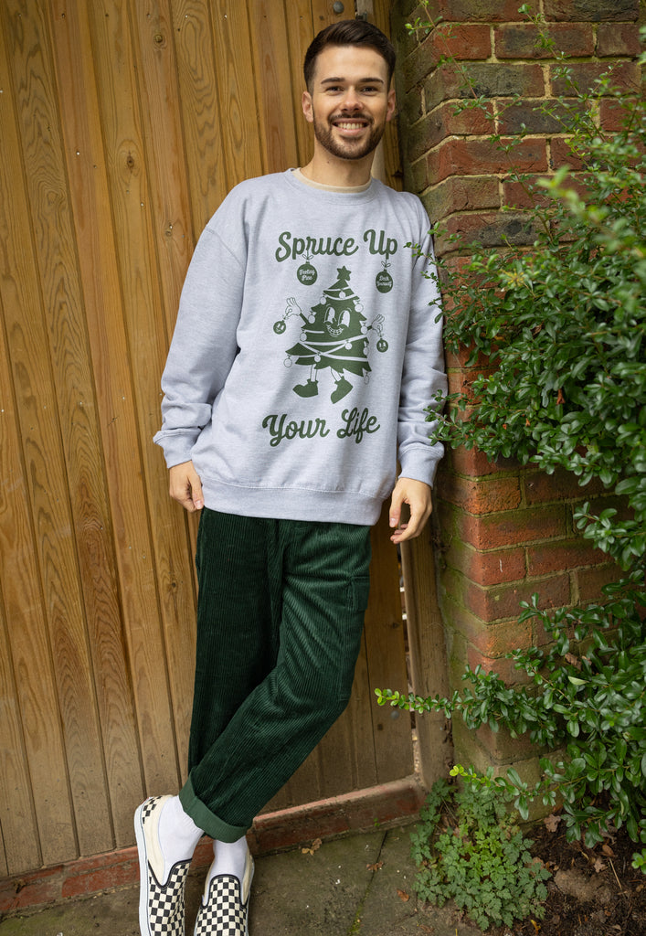 mens christmas sweater with spruce up your life slogan and christmas tree print