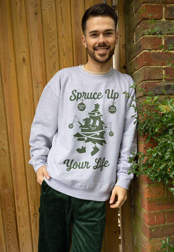 mens christmas sweater in grey with positive slogan and christmas tree print