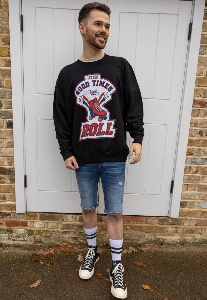mens printed black sweater with roller skate graphic