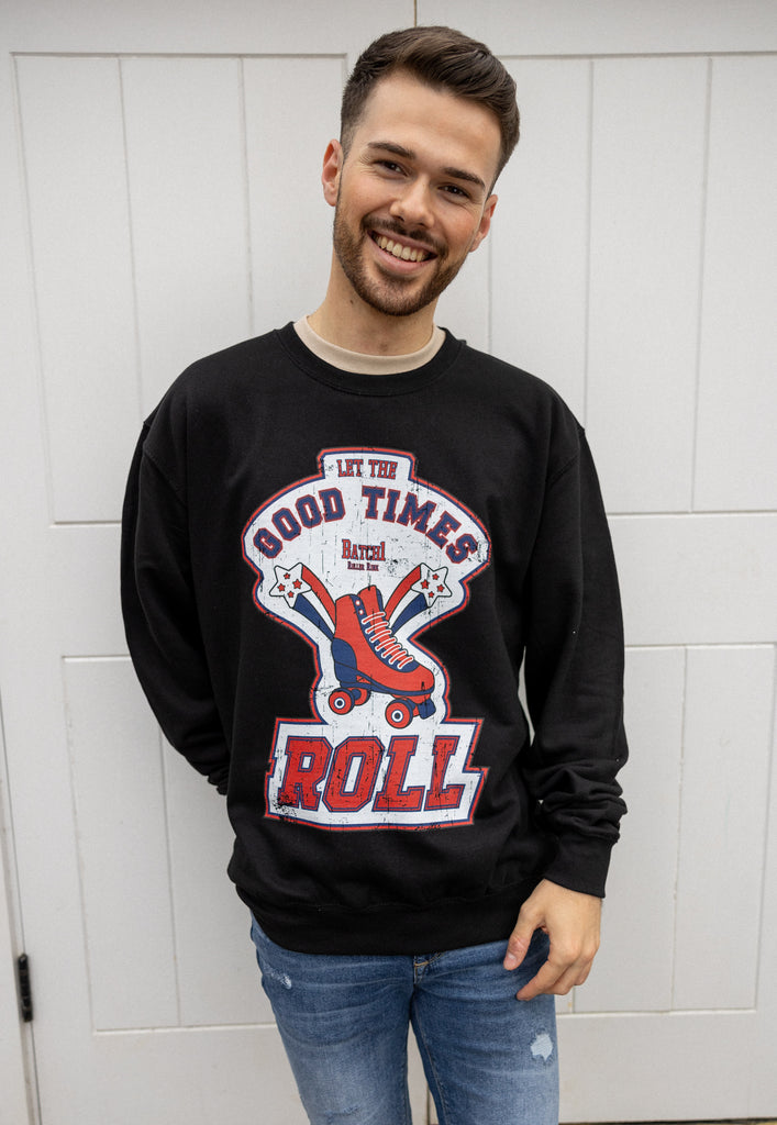 retro style mens sweatshirt with roller skate graphic and slogan
