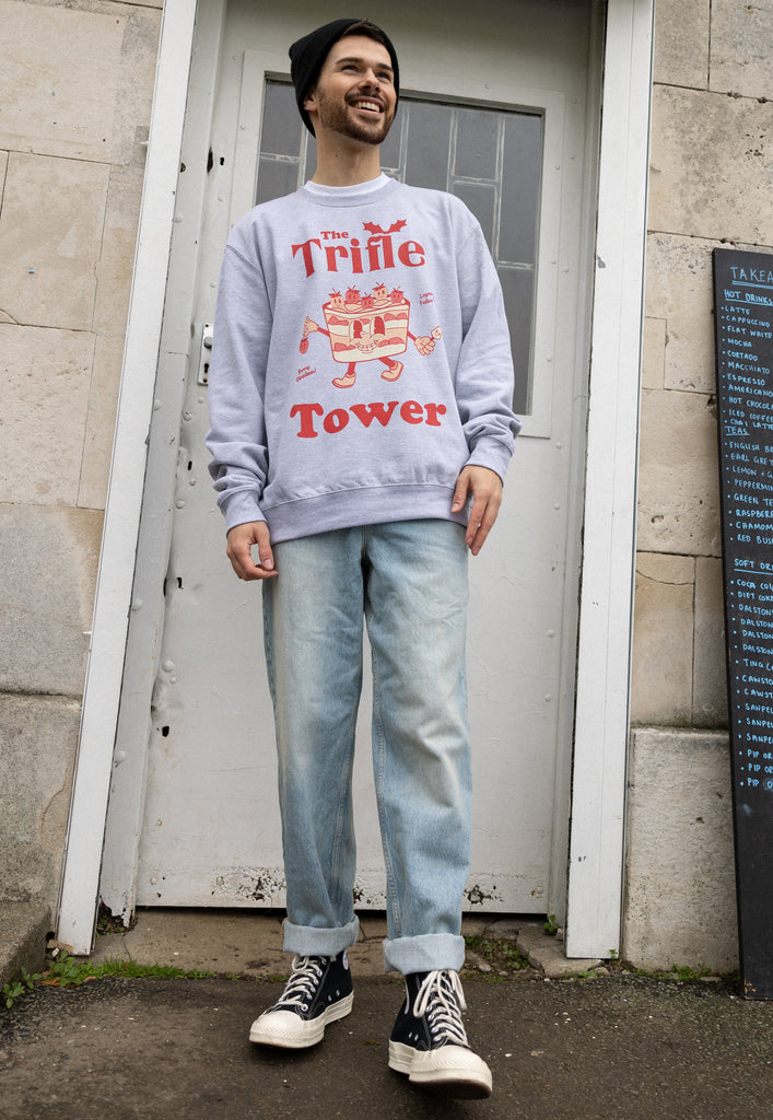 christmas jumper for men in grey with festive trifle print