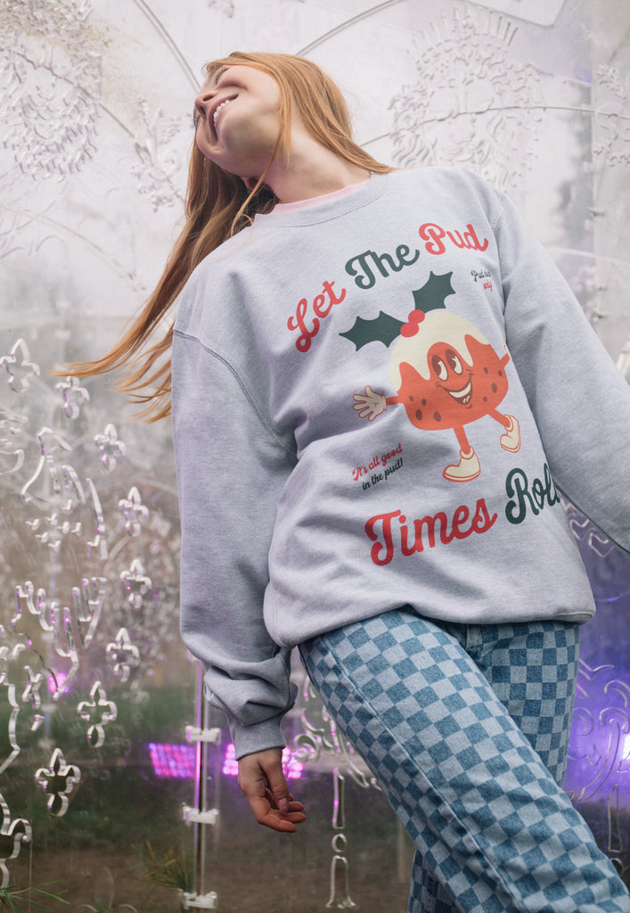 womens positive christmas slogan sweatshirt with smiling christmas pud guy