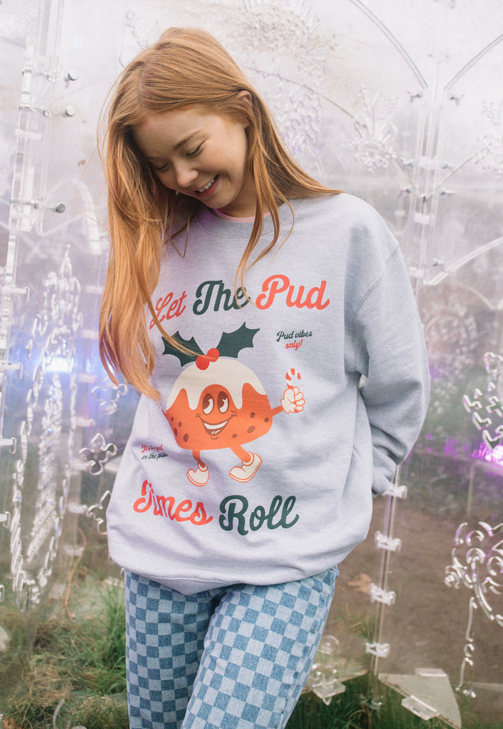 womens christmas jumper in grey with vintage pudding print