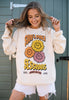 model wears sweatshirt with sunflower festival poster print