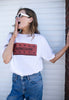 Model wears photographic style biscuit printed tshirt