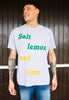 Model wears grey tshirt with Salt Lemon and Lime slogan 