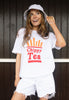 Model wears white tshirt with Chippy Tea slogan and fries graphic 
