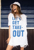 Model wears white tshirt with Let's Get Takeout blue slogan 