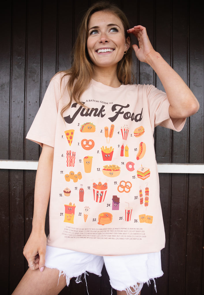 Model wears fast food slogan tshirt