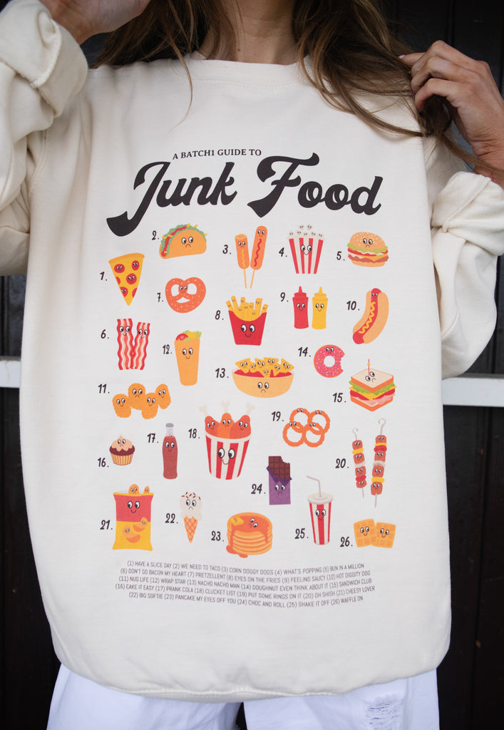 Model wears junk food logo graphic sweatshirt 