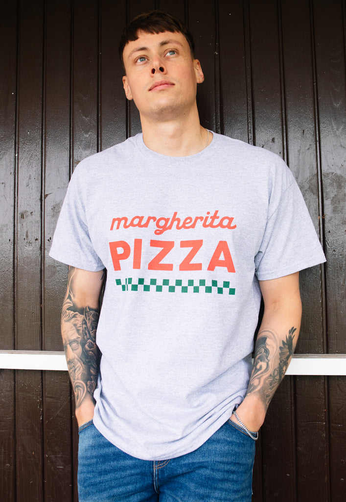 Model wears grey tshirt with Margherita pizza slogan 