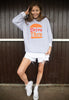 Model wears greys sweatshirt with Drive Through slogan and burger graphic 