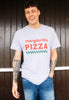 Model wears grey tshirt with Margherita pizza slogan 