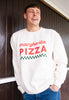 Model wears vanilla sweatshirt with Margherita pizza slogan