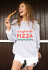 Model wears grey sweatshirt with Margherita Pizza slogan 