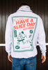 Model wears pizza character graphic back print hoodie