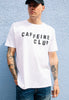 Model wears white tshirt with Caffeine club slogan 