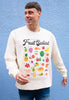 Model wears vanilla sweatshirt with fruit salad graphic 