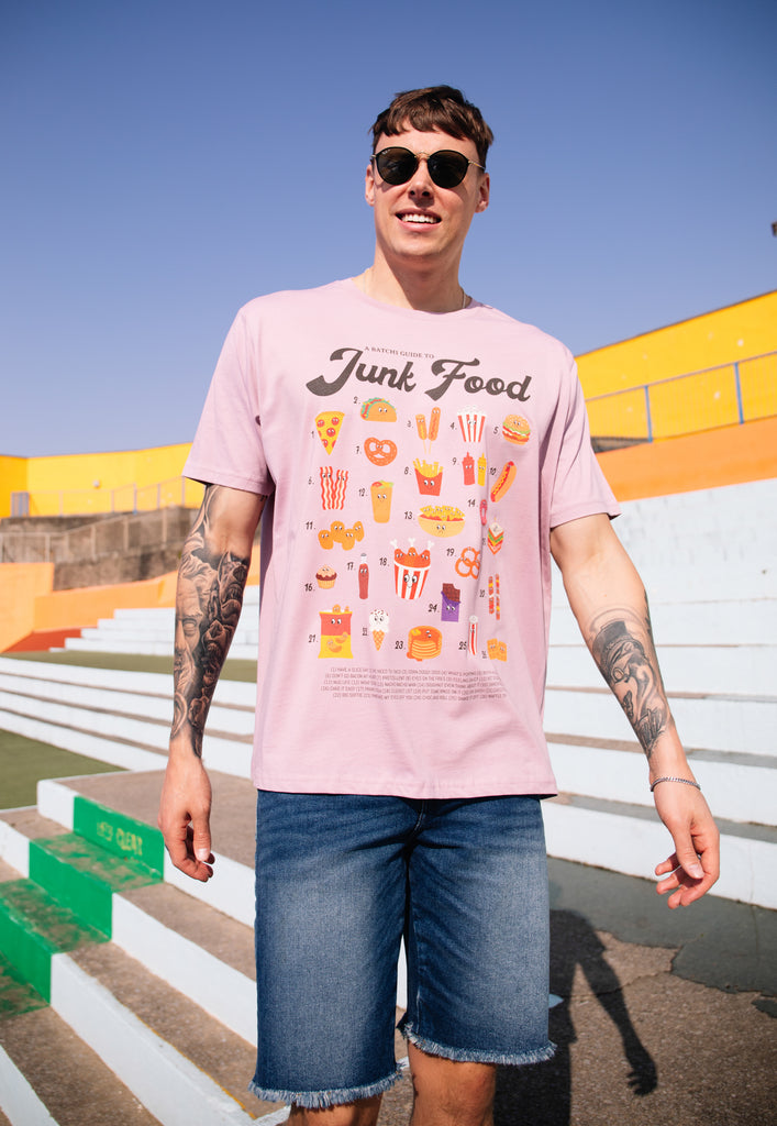 Model wears Junk Food Slogan printed Tshirt