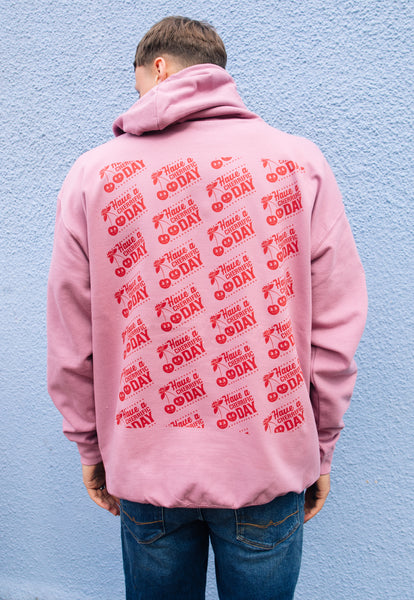 Model wears dusty purple hoodie with have a cherrific day logo back print 