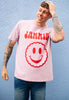 Model wears happy face graphic printed tshirt