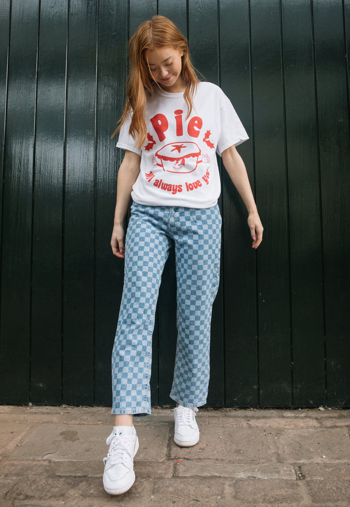 female model wears cute unisex fit festive t shirt with cute and funny mince pie print and slogan