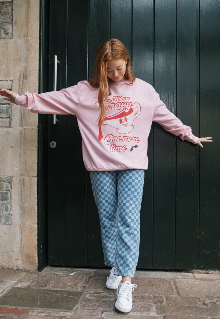 womens christmas slogan sweater in pink with novelty gravy graphic