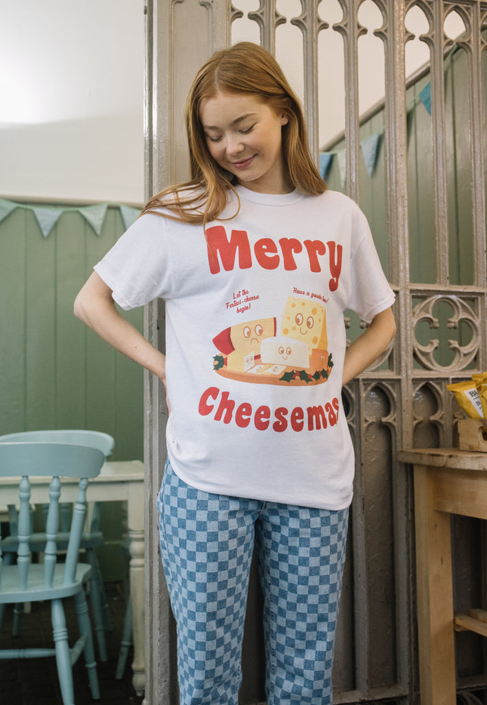 womens christmas slogan t shirt with cheese board character graphics
