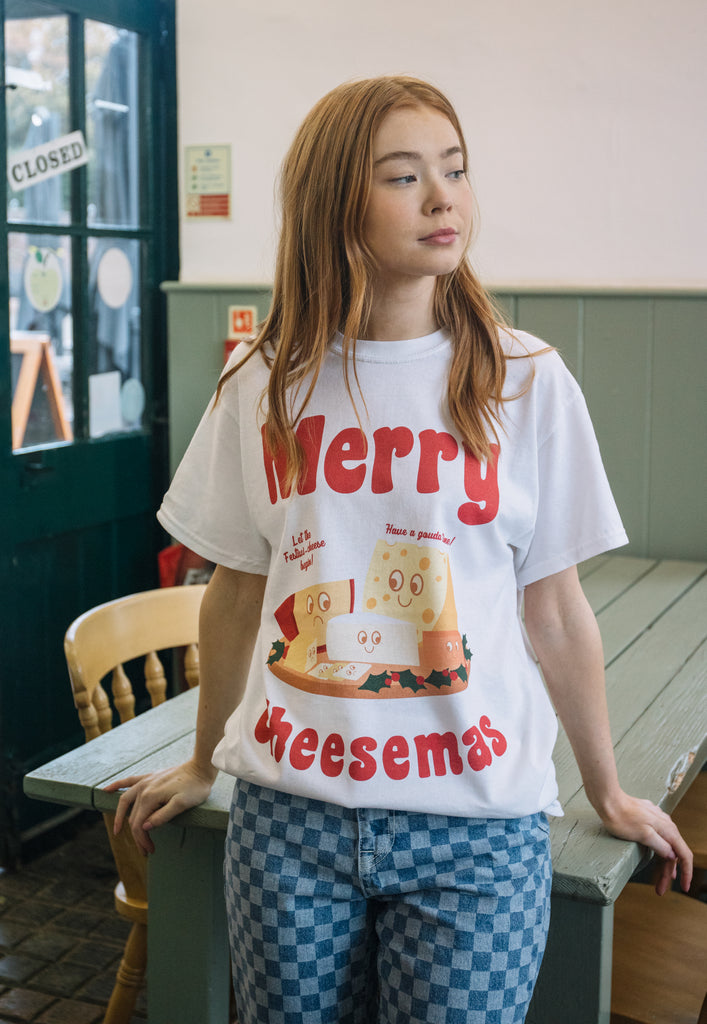 cute womens christmas t shirt in white with cheese logo and merry cheesemas slogan