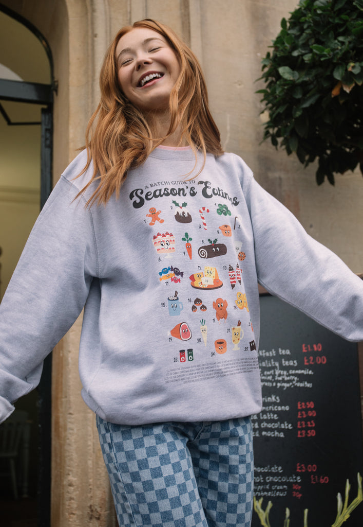 womens printed christmas sweater with festive food graphics