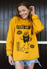 female model is wearing yellow casual sweater with vintage style french fries character print 