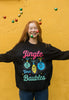 women's christmas jumper with bright printed slogan and colourful baubles graphic