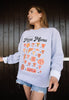 Model wears printed pizza graphic grey sweatshirt