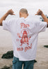 white t shirt with british seaside pier we go slogan and large back print character graphic