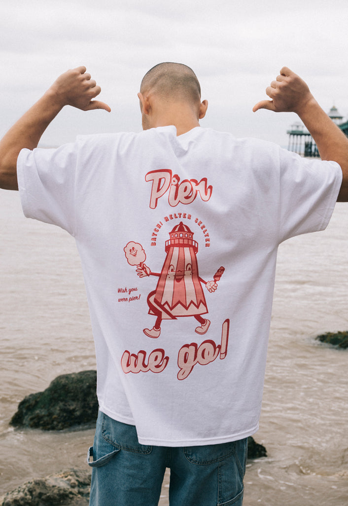 Pier We Go Seaside Slogan T-Shirt With Back Print In White – Batch1