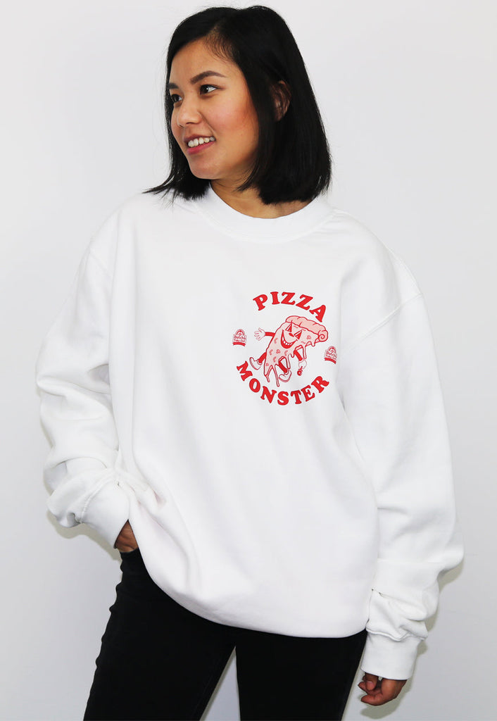 Front print logo of pizza monster in white sweatshirt 